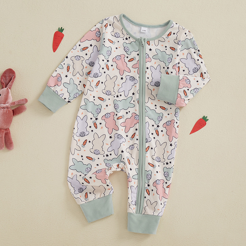 Baby Full Print Rabbit Print Zipper Long Sleeve Romper