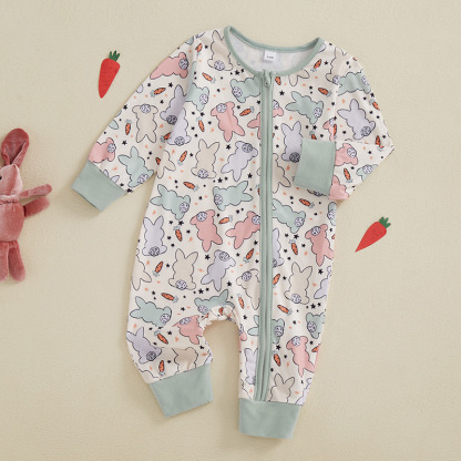 Baby Full Print Rabbit Print Zipper Long Sleeve Romper