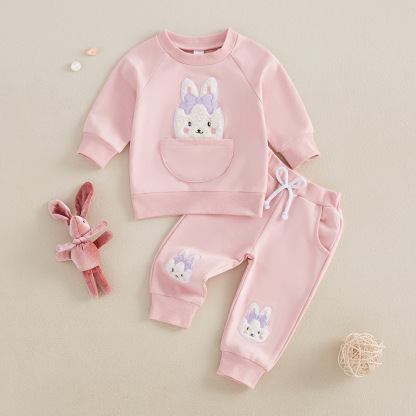 2pcs Baby GirlCute Bunny Embroidered Sweatshirt Pants Set