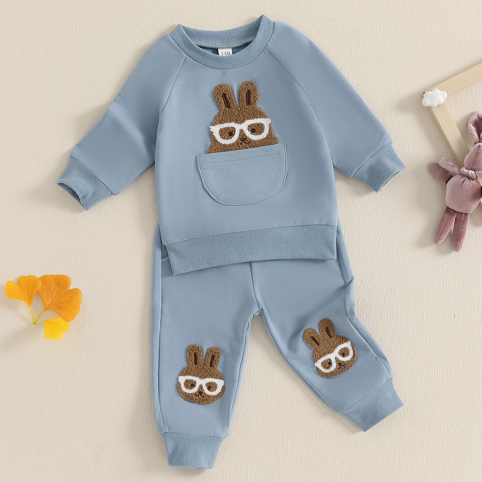 2pcs Baby Boy Cute Bunny with Glasses Embroidered Sweatshirt Pants Set