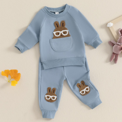 2pcs Baby Boy Cute Bunny with Glasses Embroidered Sweatshirt Pants Set