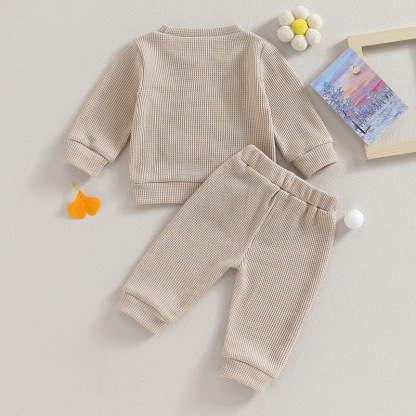 2pcs Baby Waffle Monogrammed Embroidered Sweat Casual Set