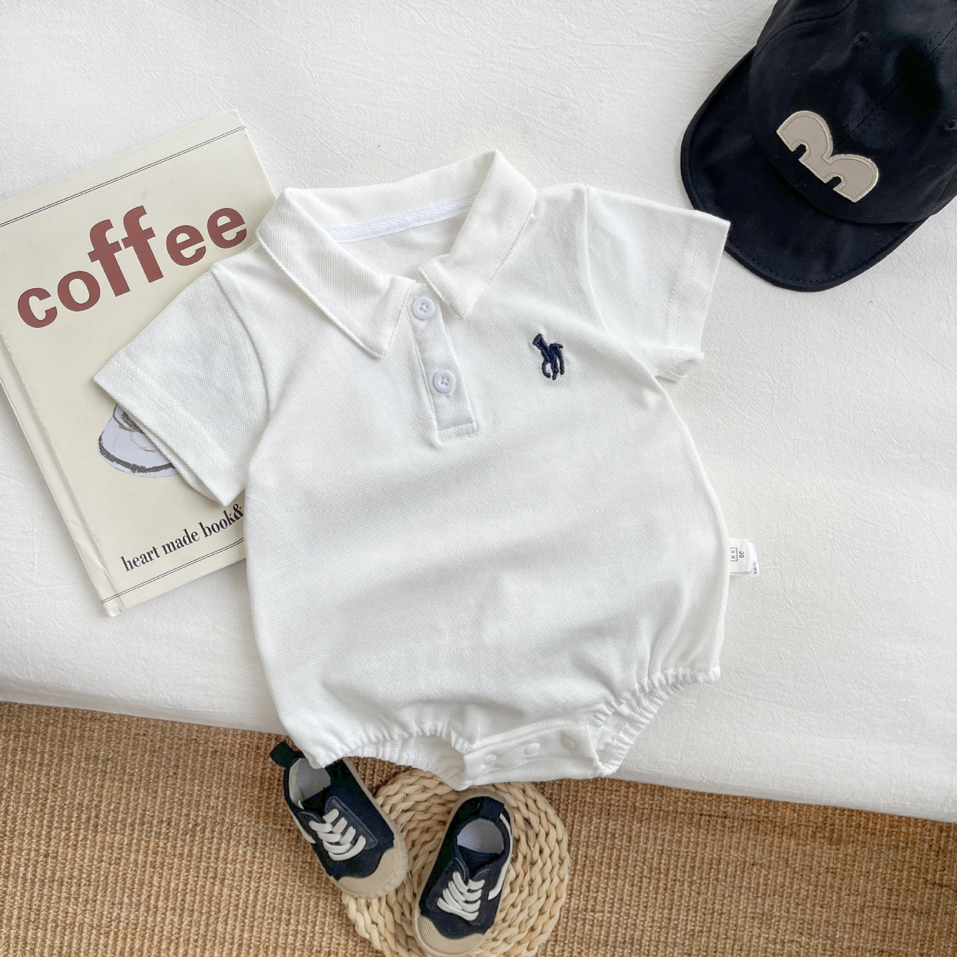 Baby Boy Solid Color Standing Collar Short Sleeve Romper/Bodysuit