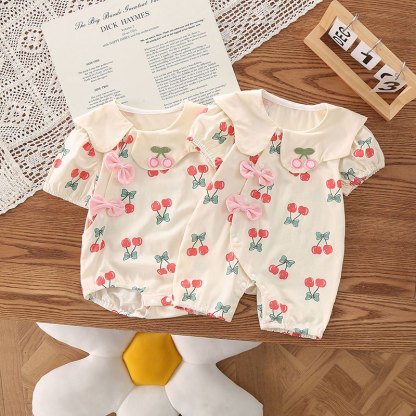 Baby Girl Bow Cherry Print Thin Romper/Bodysuit