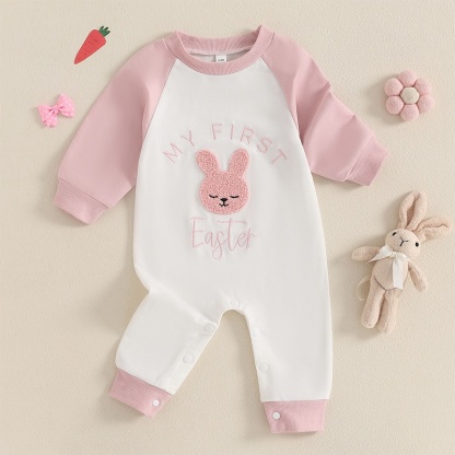 Baby Girl Cute Bunny Embroidery Colorblocking Long Sleeve Romper
