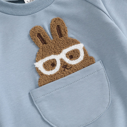 2pcs Baby Boy Cute Bunny with Glasses Embroidered Sweatshirt Pants Set