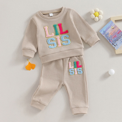2pcs Baby Waffle Monogrammed Embroidered Sweat Casual Set
