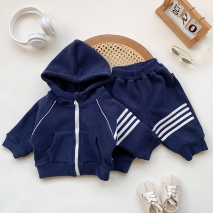 2pcs Baby Boy Reversible Padded Hooded Sweatshirt Pants Set