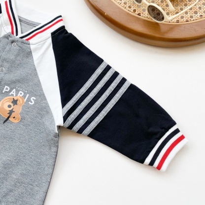 Baby Boy Casual Colorblocking Cartoon Bear Long Sleeve Romper