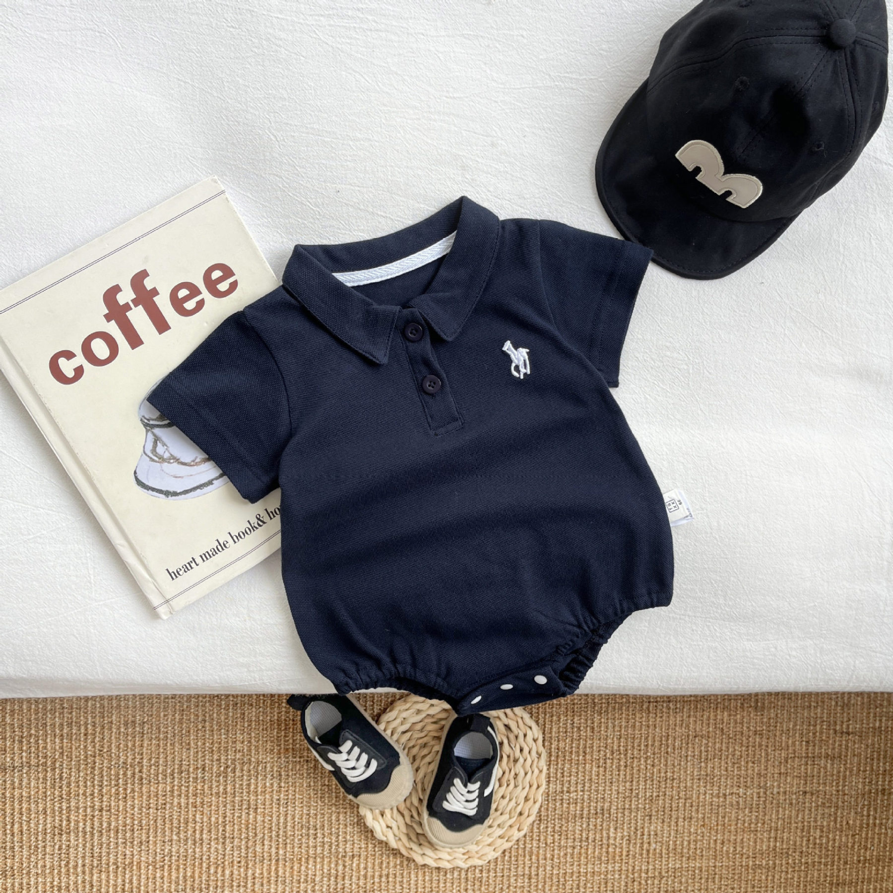 Baby Boy Solid Color Standing Collar Short Sleeve Romper/Bodysuit