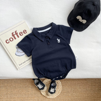 Baby Boy Solid Color Standing Collar Short Sleeve Romper/Bodysuit