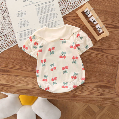 Baby Girl Bow Cherry Print Thin Romper/Bodysuit