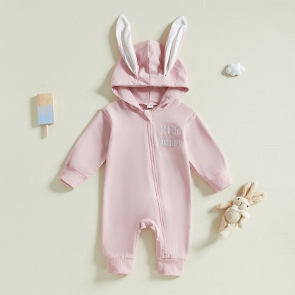 Baby Alphabet Embroidery  Rabbit Zipper Hood Long Sleeve Romper