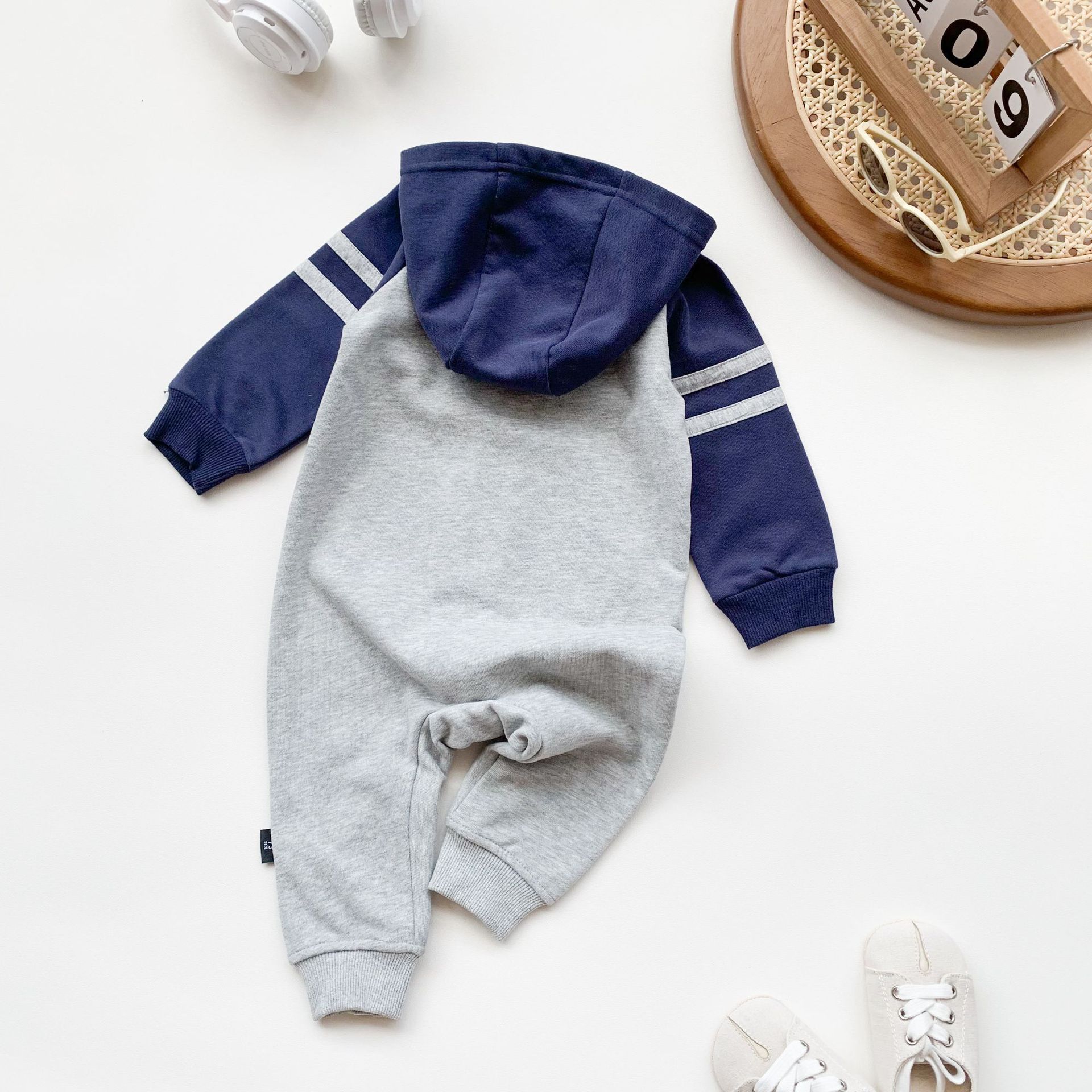Baby Boy Casual Long Sleeve Colorblock Hooded Romper
