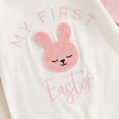 Baby Girl Cute Bunny Embroidery Colorblocking Long Sleeve Romper