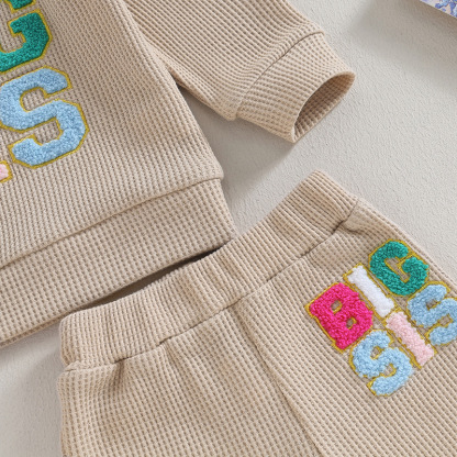 2pcs Baby Waffle Monogrammed Embroidered Sweat Casual Set