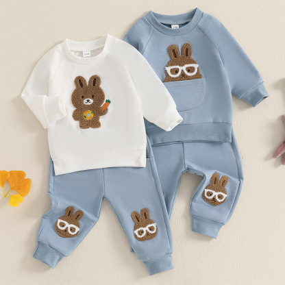 2pcs Baby Boy Cute Bunny with Glasses Embroidered Sweatshirt Pants Set