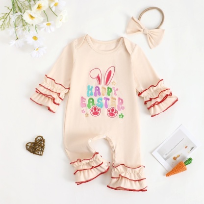 Baby Boy Easter Alphabet Bunny Ears Embroidery Long Sleeve Romper With Hairband