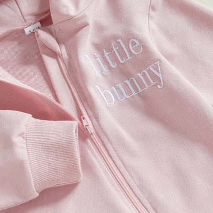 Baby Alphabet Embroidery  Rabbit Zipper Hood Long Sleeve Romper