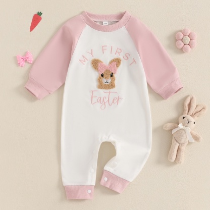Baby Girl Cute Bunny Embroidery Colorblocking Long Sleeve Romper