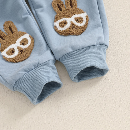 2pcs Baby Boy Cute Bunny with Glasses Embroidered Sweatshirt Pants Set