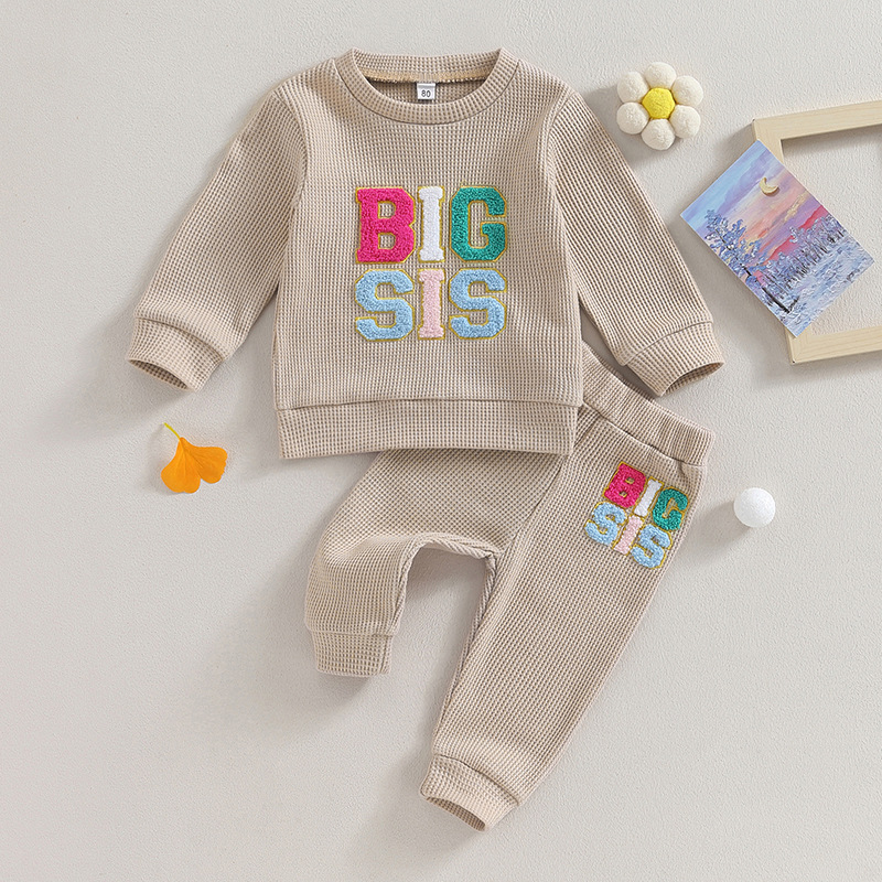 2pcs Baby Waffle Monogrammed Embroidered Sweat Casual Set