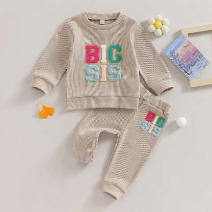 2pcs Baby Waffle Monogrammed Embroidered Sweat Casual Set
