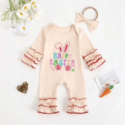 Baby Boy Easter Alphabet Bunny Ears Embroidery Long Sleeve Romper With Hairband