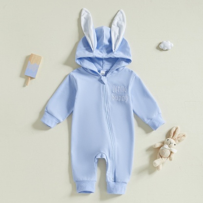 Baby Alphabet Embroidery  Rabbit Zipper Hood Long Sleeve Romper