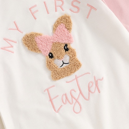 Baby Girl Cute Bunny Embroidery Colorblocking Long Sleeve Romper