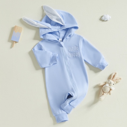 Baby Alphabet Embroidery  Rabbit Zipper Hood Long Sleeve Romper