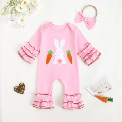 Baby Boy Easter Alphabet Bunny Ears Embroidery Long Sleeve Romper With Hairband