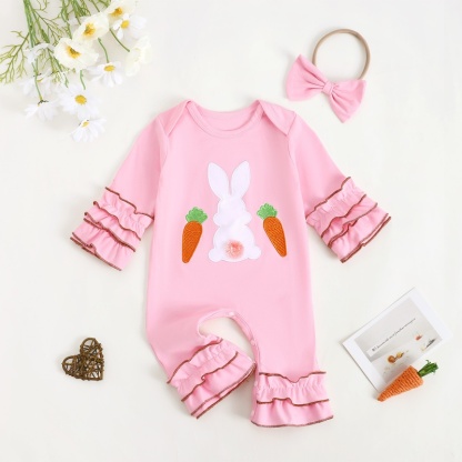 Baby Boy Easter Alphabet Bunny Ears Embroidery Long Sleeve Romper With Hairband