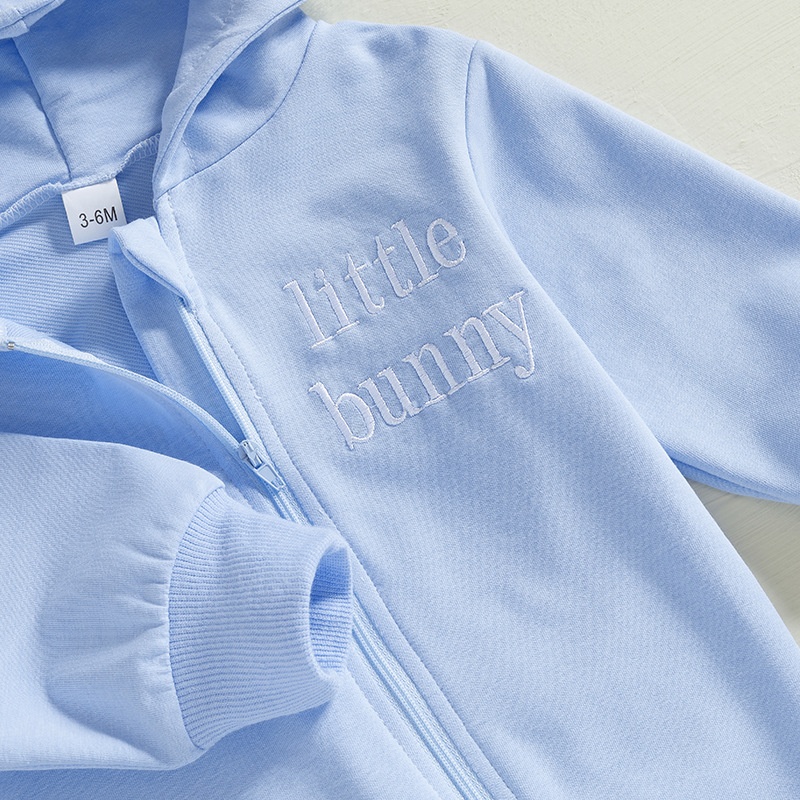 Baby Alphabet Embroidery  Rabbit Zipper Hood Long Sleeve Romper