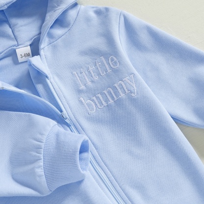 Baby Alphabet Embroidery  Rabbit Zipper Hood Long Sleeve Romper