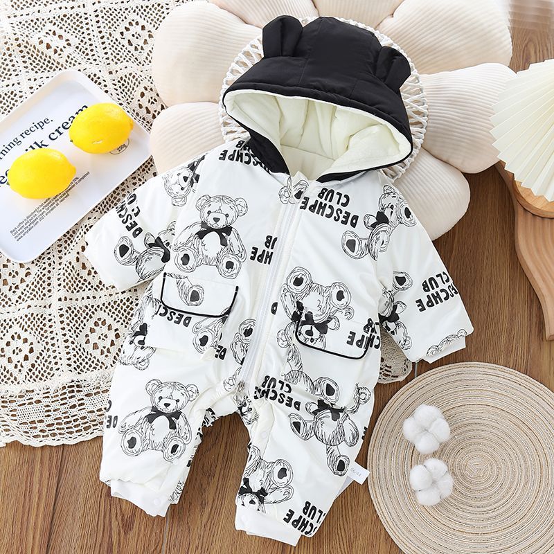 Baby Boy/Girl Thicken Cute Teddy Bear Pattern Long Sleeve Hooded Romper-kissminis