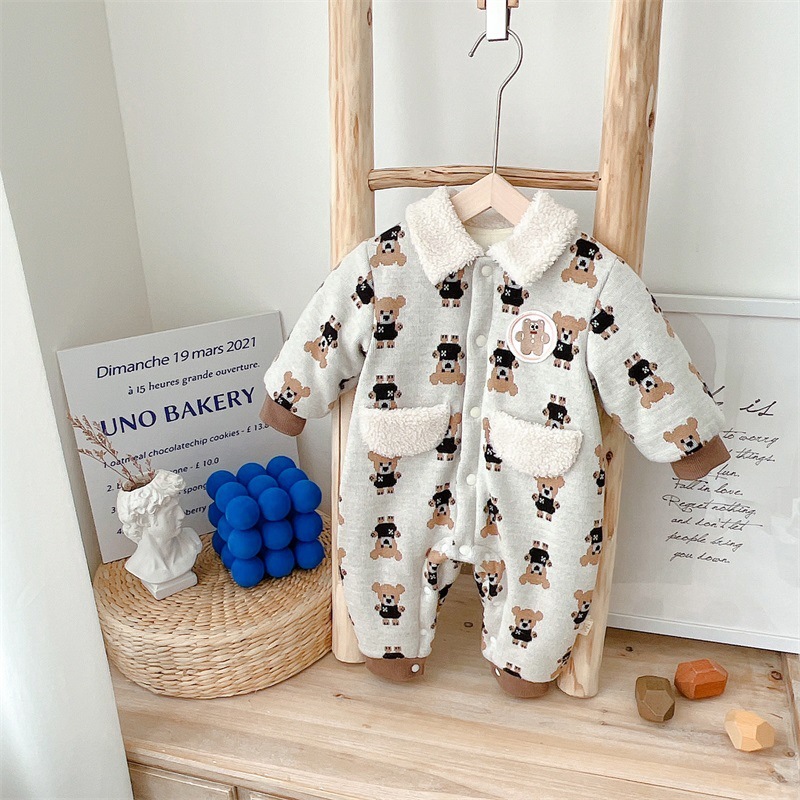 Baby Boy/Girl Winter Polo Collar Allover Bear Print Long Sleeve Fluff Romper-kissminis