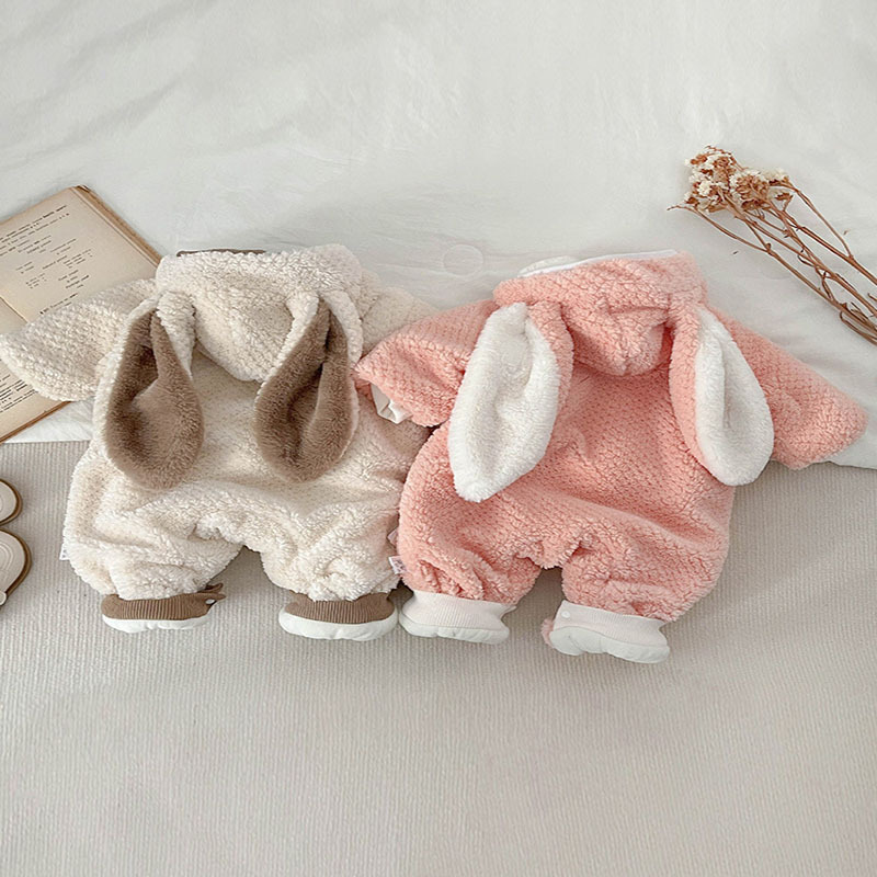 Baby Boy/Girl Solid Color Cute Rabbit Plush Long Sleeves Hooded Romper-kissminis