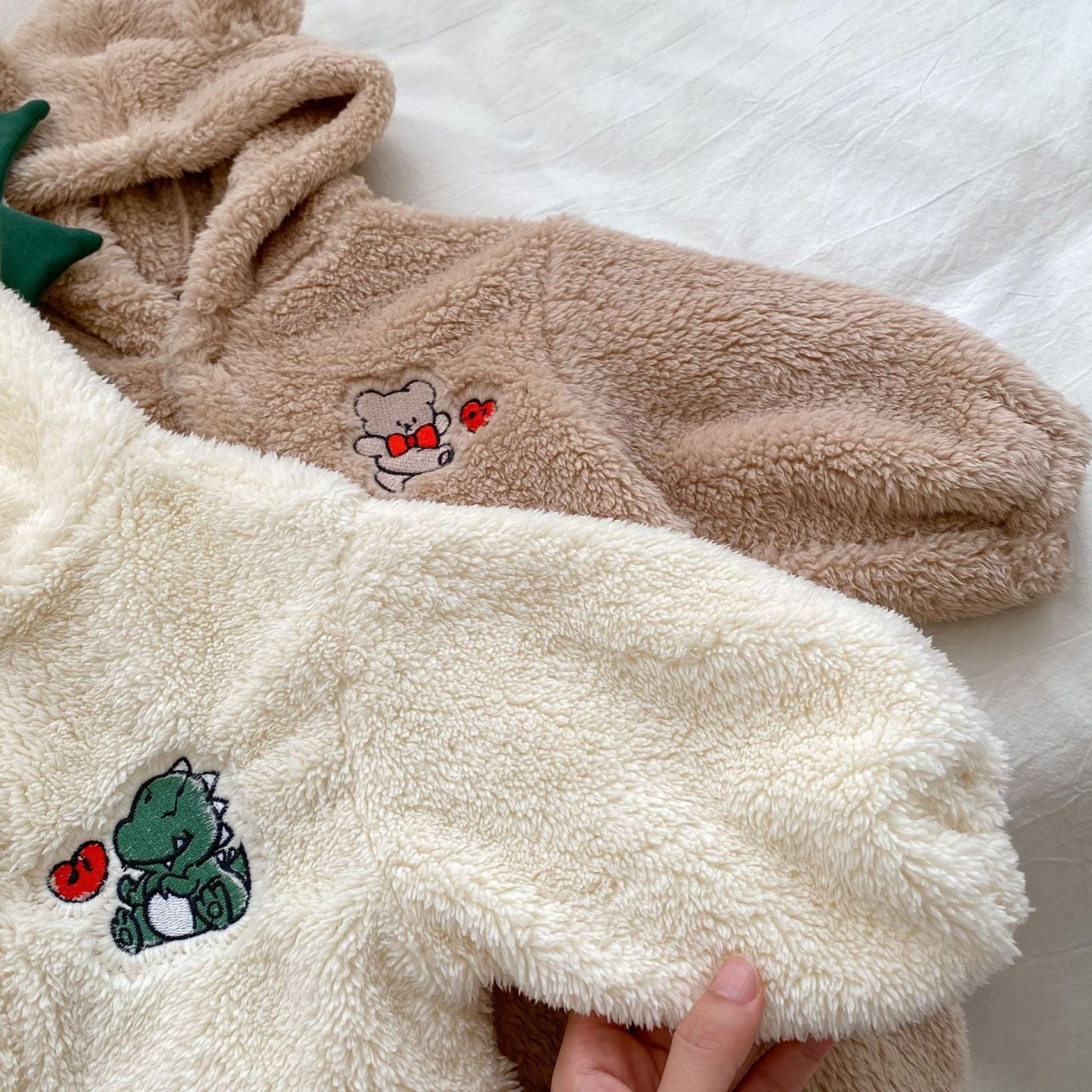 Baby Winter Fleece Dinosaurs Bear Pattern Hooded Romper-kissminis