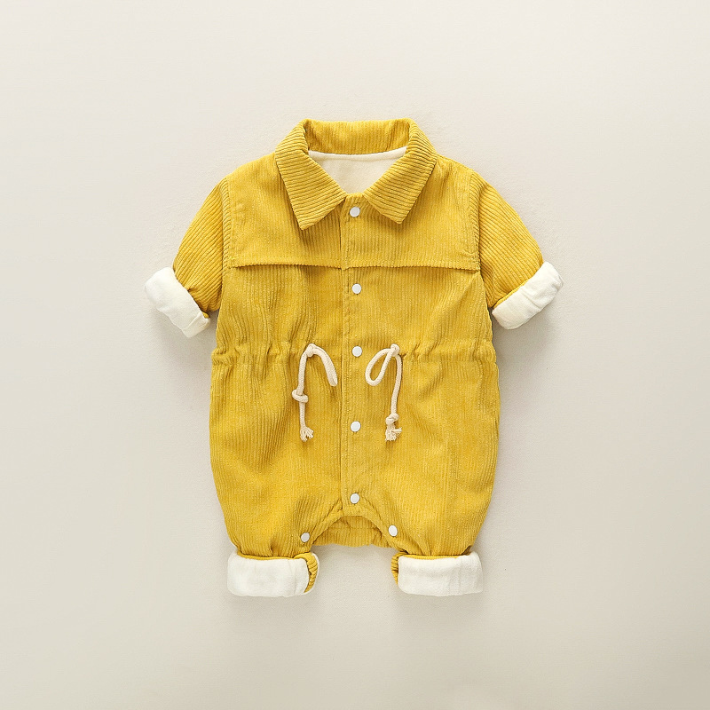 Baby Drawstring Waist Solid Color Corduroy Romper-kissminis