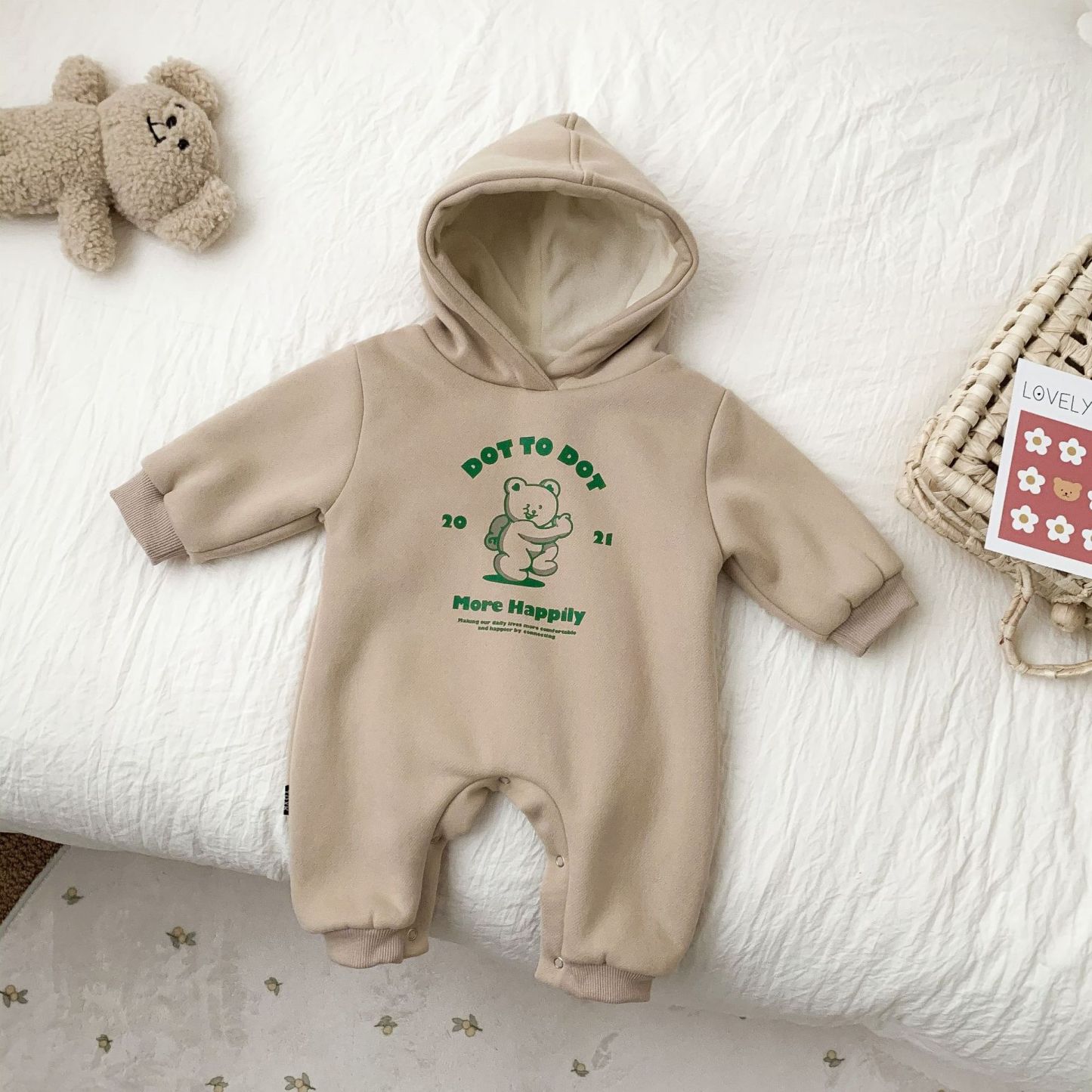 Baby Bear and Letter Pattern Solid Color Hooded Romper-kissminis