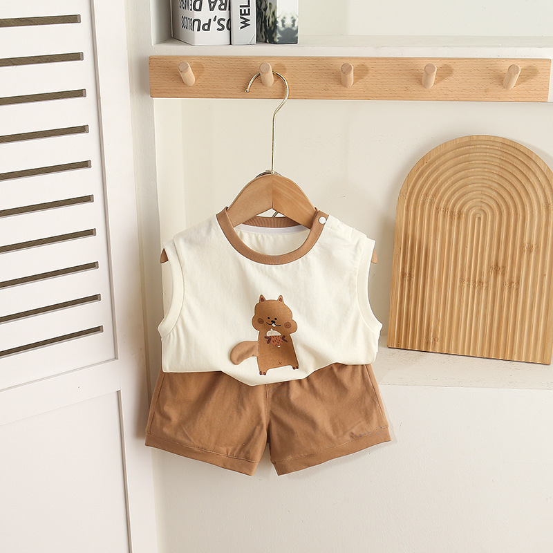 Sleeveless White Top with Squirrel Print and Brown Shorts Set