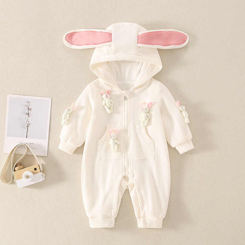 Baby Girl Cute 3D Rabbit Zippered Long Sleeve Romper-kissminis
