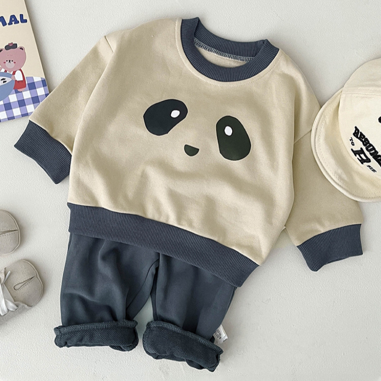 2pcs Baby Boy/Girl Cartoon Panda Print Long Sleeve Sweatshirt with Pants Set-kissminis
