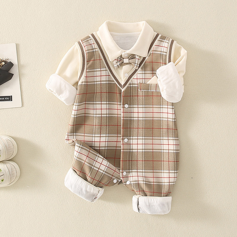 Baby Boy Fake Two Pieces Plaid Bow Long Sleeve Romper-kissminis