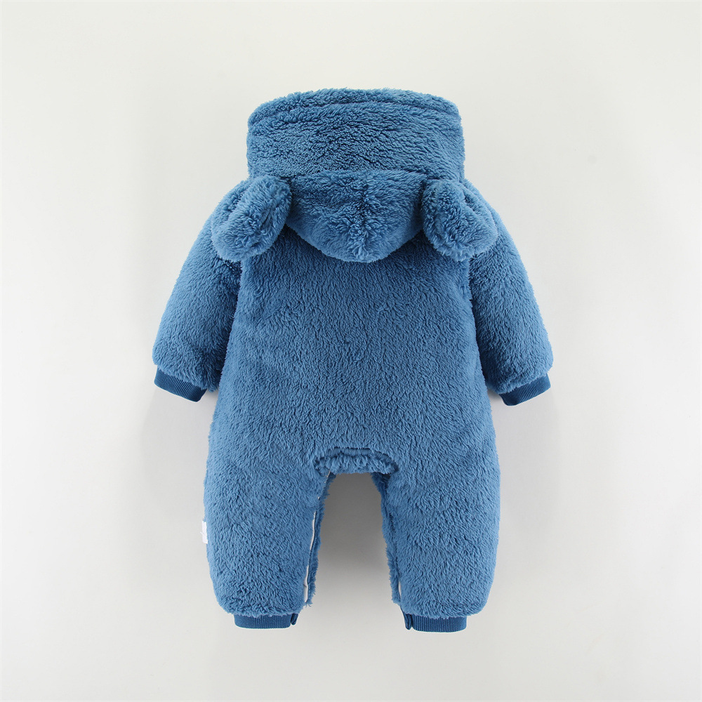 Baby Boy/Girl Winter Thicken Bear Patch Long Sleeve Fluff Hooded Romper-kissminis