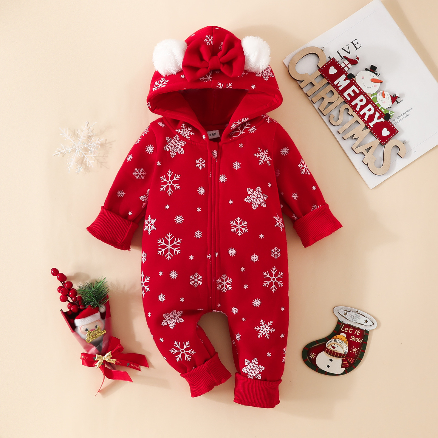 Newborn Baby Girl Christmas Bowknot Ear Design Long Sleeve Hooded Romper-kissminis