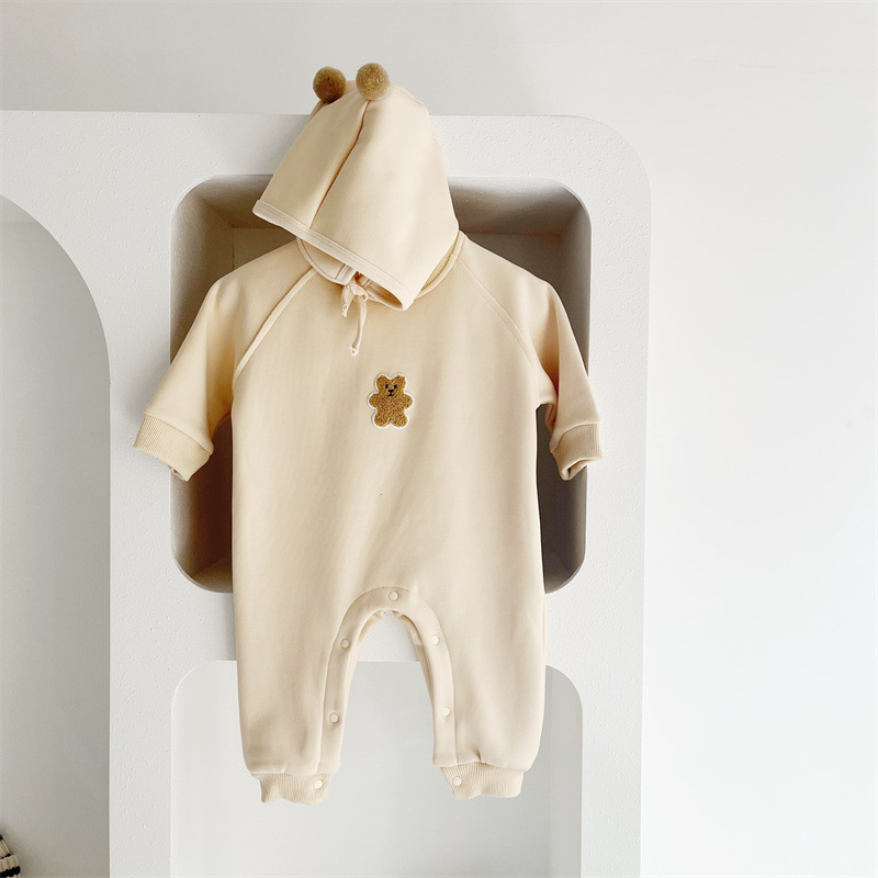 Baby Boy/Girl Bear Pattern Solid Color Long Sleeve Romper and Hat Set-kissminis