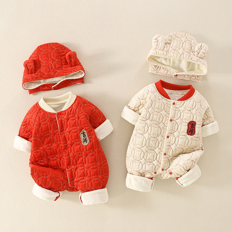2pcs Newborn Baby Chinoiserie Auspicious Implication Long Sleeve Romper with Hat Set-kissminis