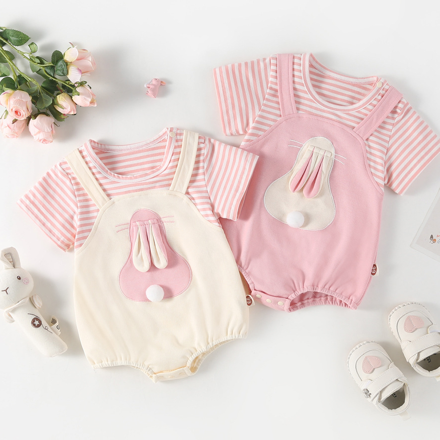 Baby Girl Mock Two Pices Rabbit Pattern Short Sleeve Romper-kissminis